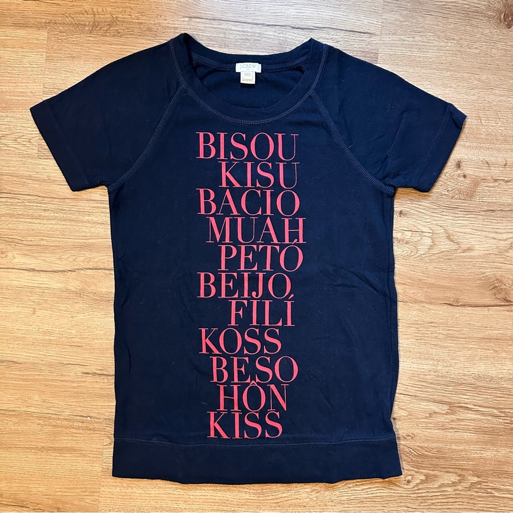 J. Crew Factory Kiss Word Graphic Short Sleeve Knit Top Navy and Pink Size XXS
